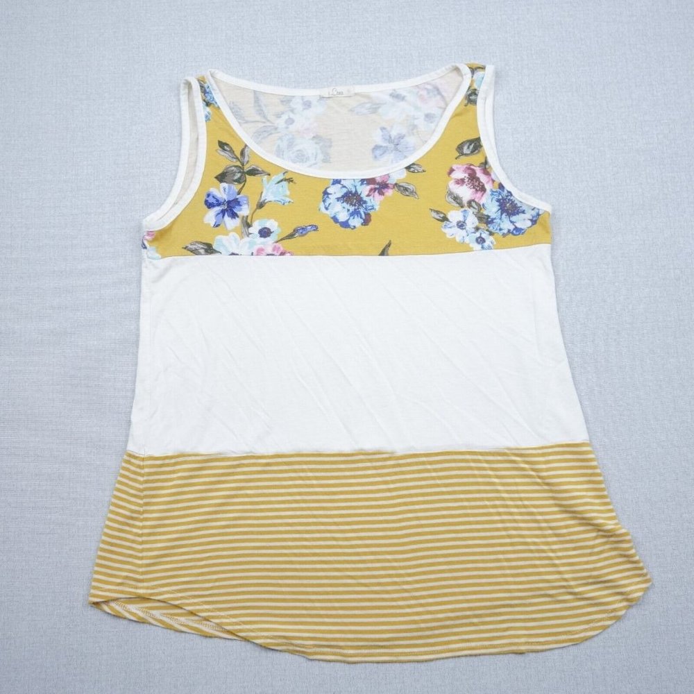 E Luna Tank Top Womens Small Yellow Floral Striped Stretch Boho Festival Ladies